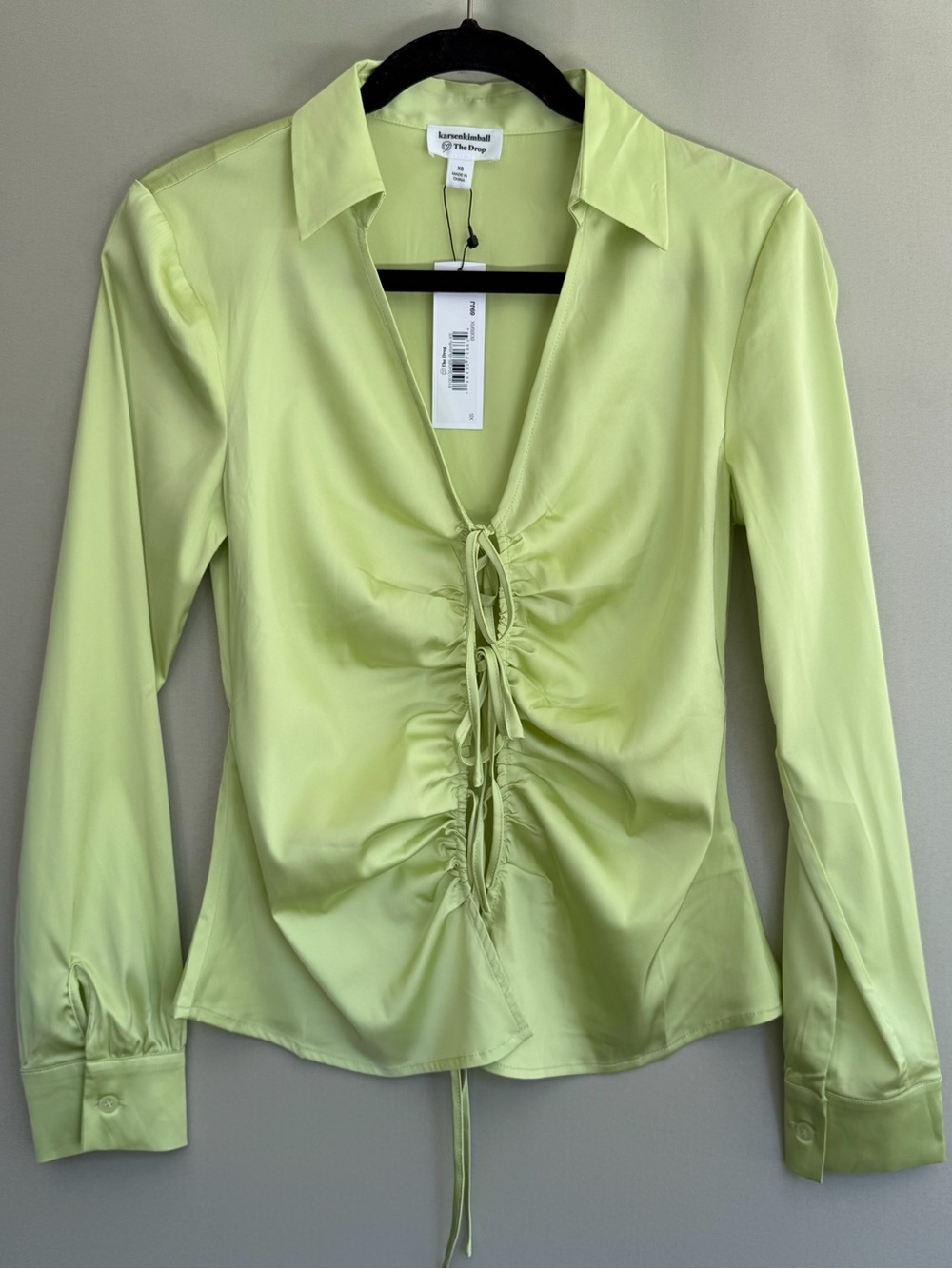 The Drop x Karen Kimball Lime Ruched Tie Front Satin Blouse Women’s XS NWT - Picture 3 of 12
